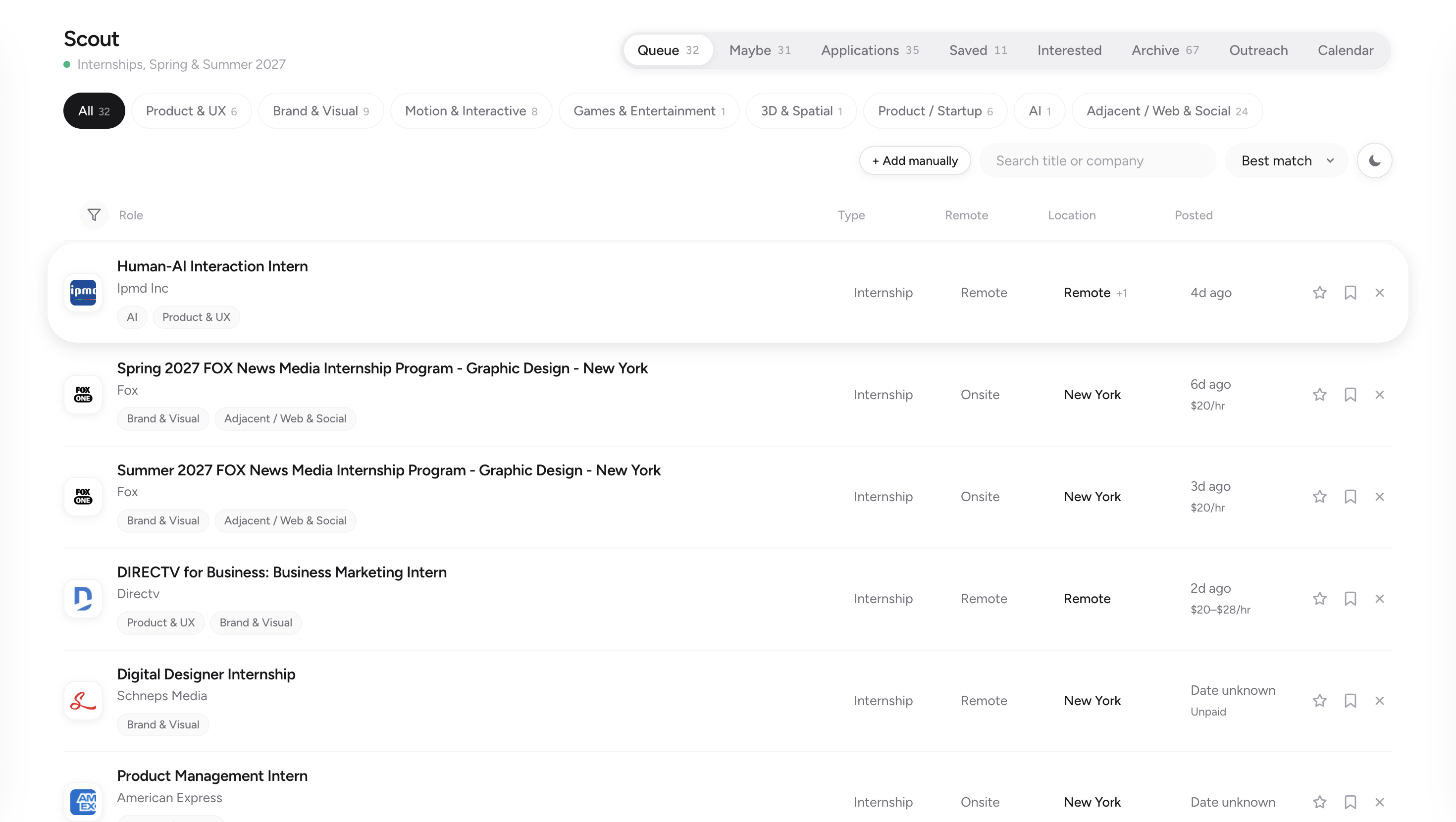 Scout&rsquo;s home screen: a list of design internships with company, type, location and status